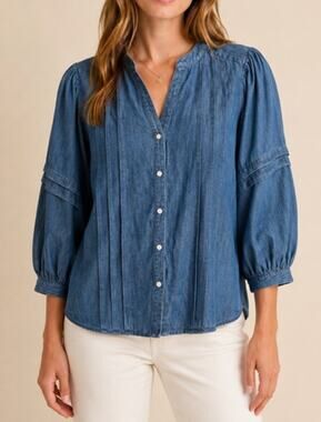 J.McLaughlin Chambray Pintuck Blouse Blue Puff Sleeve Size M